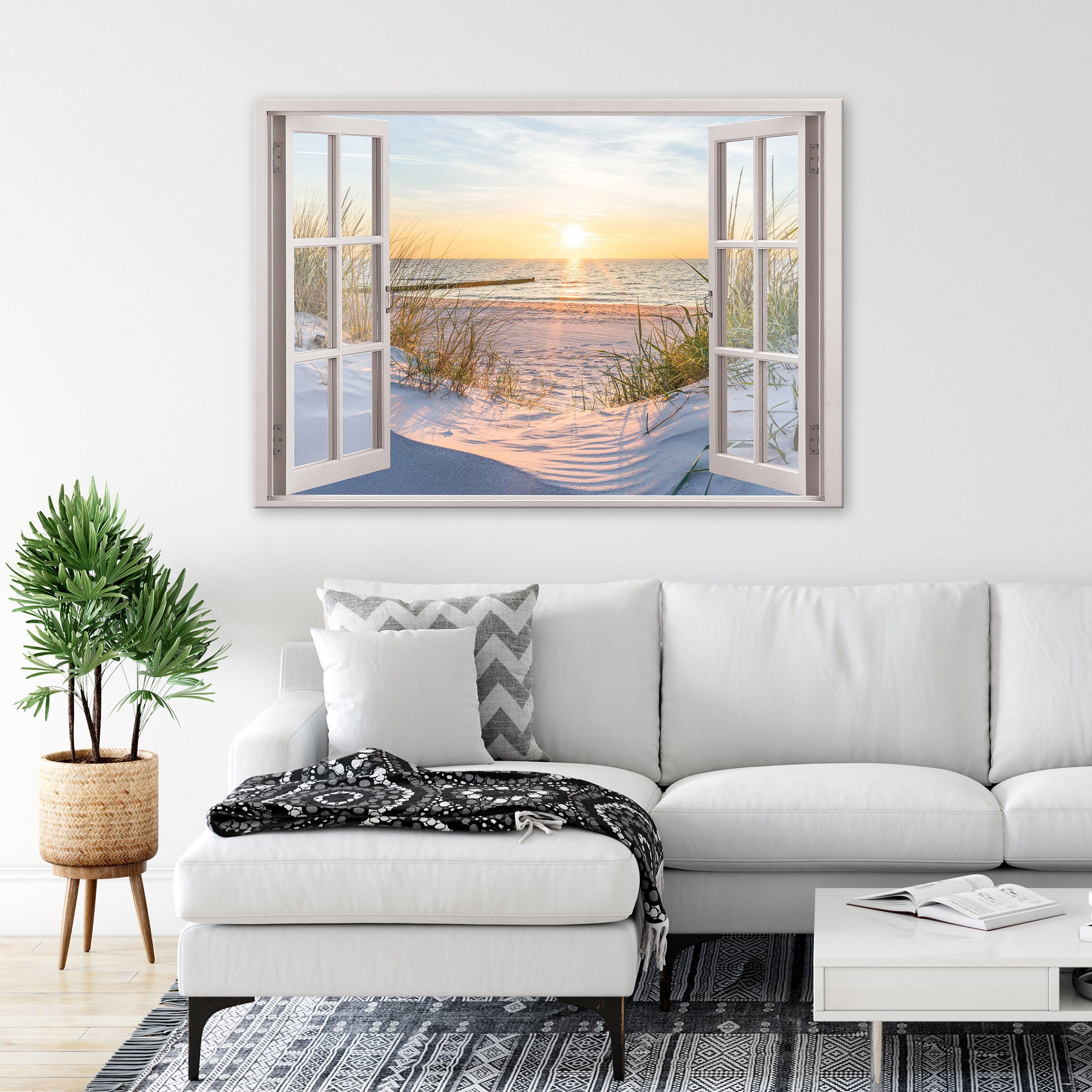 Wallarena Leinwandbild Fensterblick Natur Strand Meer Fenster Wandbild Leinwandbilder, (Einteilig), Aufhängefertig
