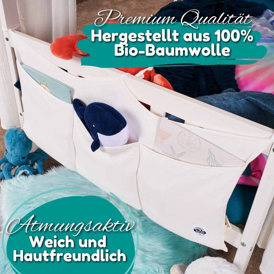 Alavya Panda Betttasche KANGOO Babybett Musselin Tasche Organizer Betttasche (Aufbewahrung für Kinderbett I Windeln Babybetttasche I Babybett Hängeorganizer Kinderzimmer), 90x38 cm Bett Organizer zum Aufhängen von Windeln Kinder Spielzeug
