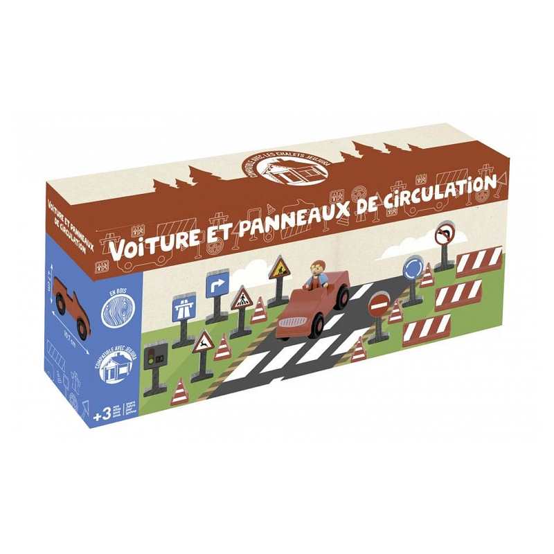Voiture et panneaux de circulation en bois