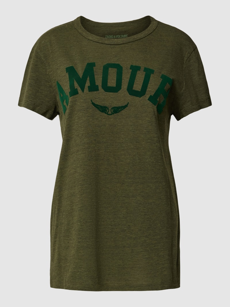 T-Shirt mit Flockprint Modell 'WALK AMOUR' in olivgrün