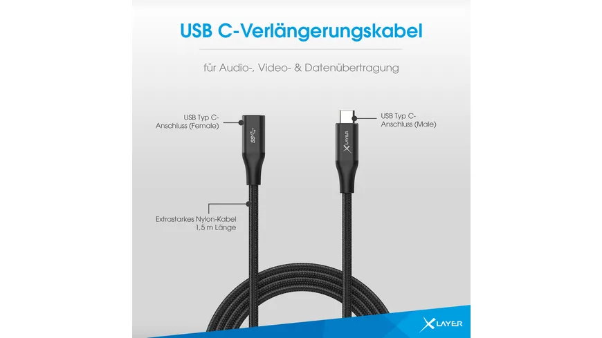 XLayer USB C-Verlängerungskabel für Audio-, Video- & Datenübertragung 1.5 m Black
