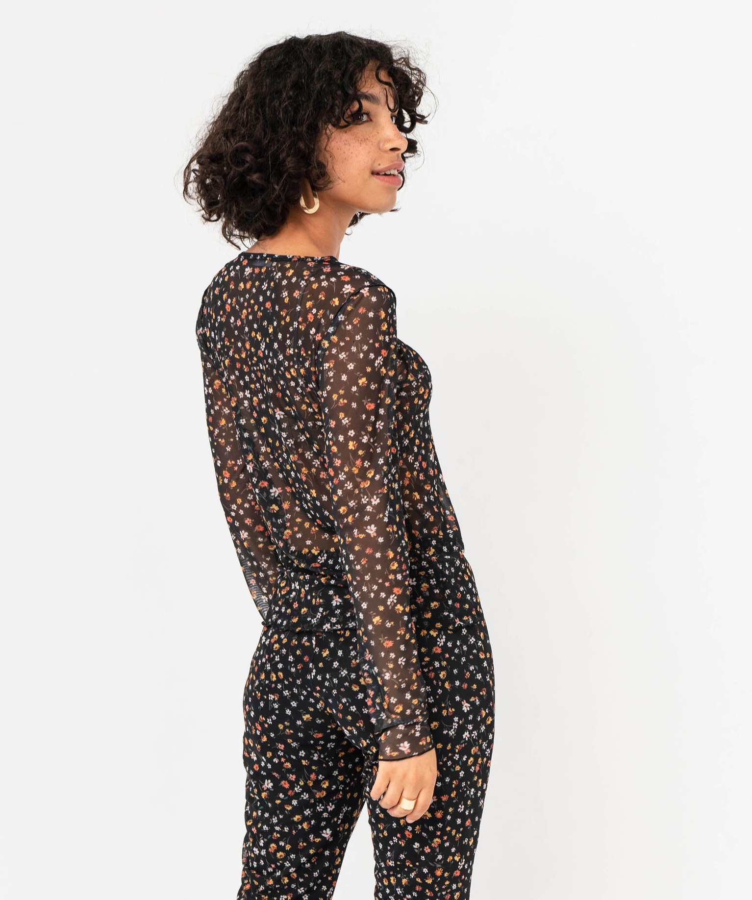 Tee-shirt à manches longues en voile à motifs fleuris femme imprime | GEMO