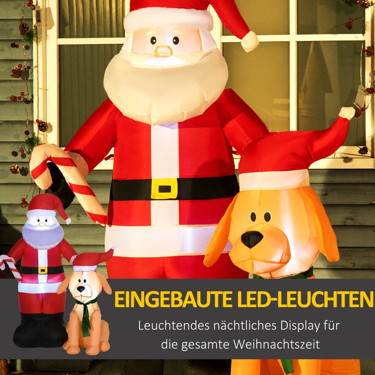 Outsunny 157 cm Aufblasbarer Weihnachtsmann mit Hund Weihnachtsdeko mit LED
