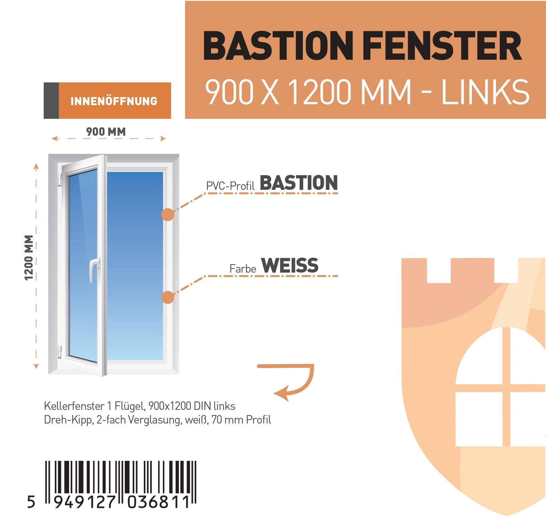 SN DECO GROUP Kellerfenster 1 Flügel 900x1200 Dreh-Kipp 2-fach Verglasung weiß 70 mm Profil, (Set), RC2 Sicherheitsbeschlag, Hochwertiges 5-Kammer-Profil
