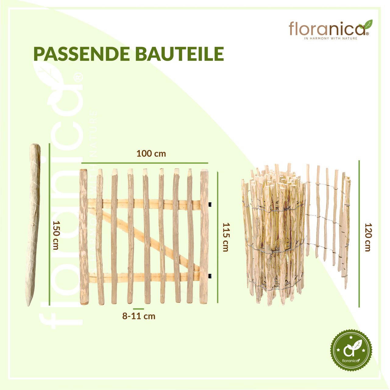 Floranica Staketenzaun Haselnuss Gartenzaun 1 lfm, Höhe 50 cm, Lattenabstand 4-6 cm Rollzaun Hundezaun