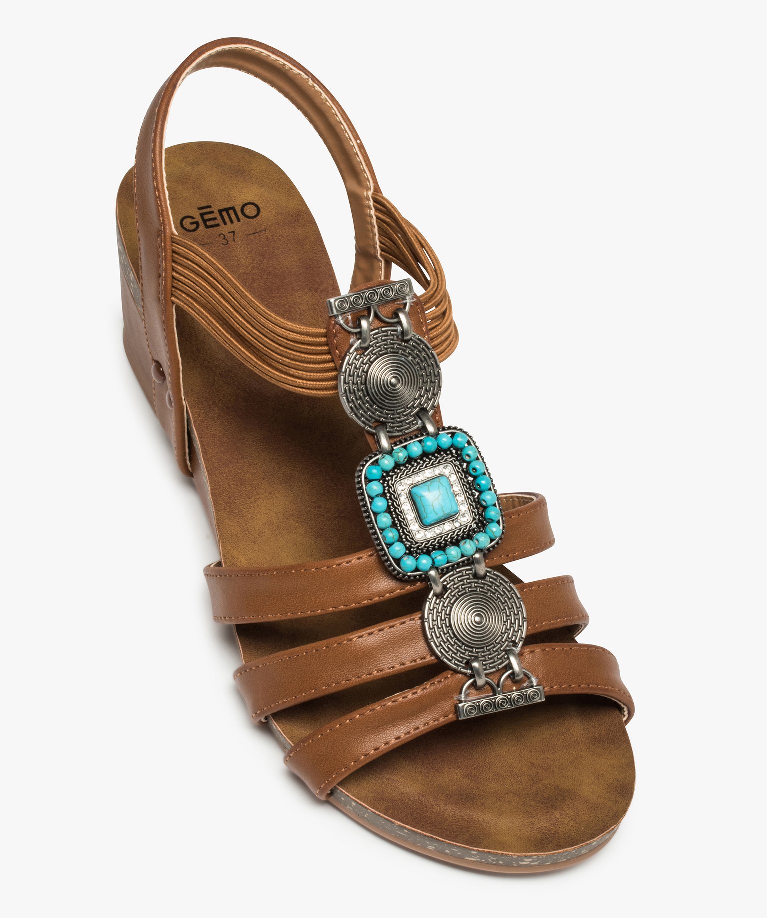 Sandales femme à talon dessus uni orné de perles et métal camel | GEMO