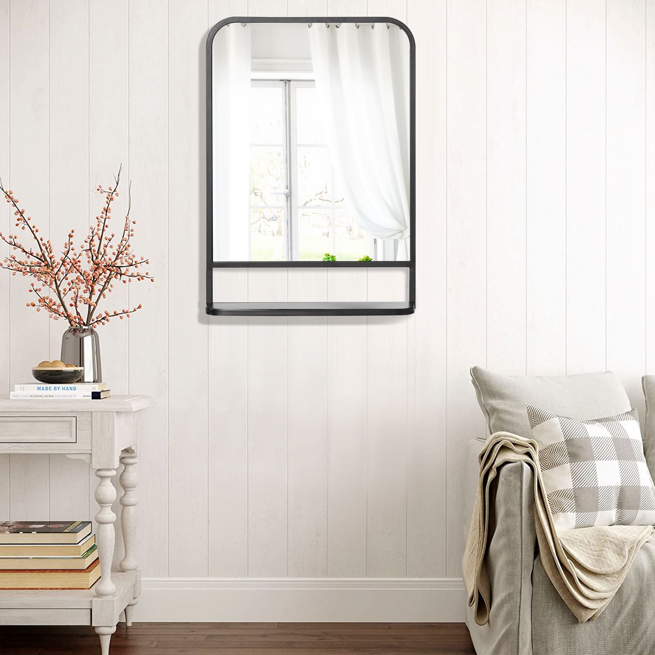 HOMCOM Wandspiegel 70 x 50cm Wohnzimmerspiegel Hängespiegel Dekospiegel Rechteck mit Ablagefläche für Eingangsbereich Schlafzimmer Modern Elegant Schwarz