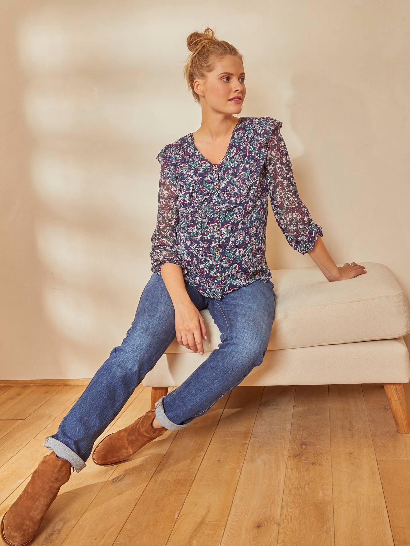 Blouse imprimée volantée grossesse et allaitement bleu aop