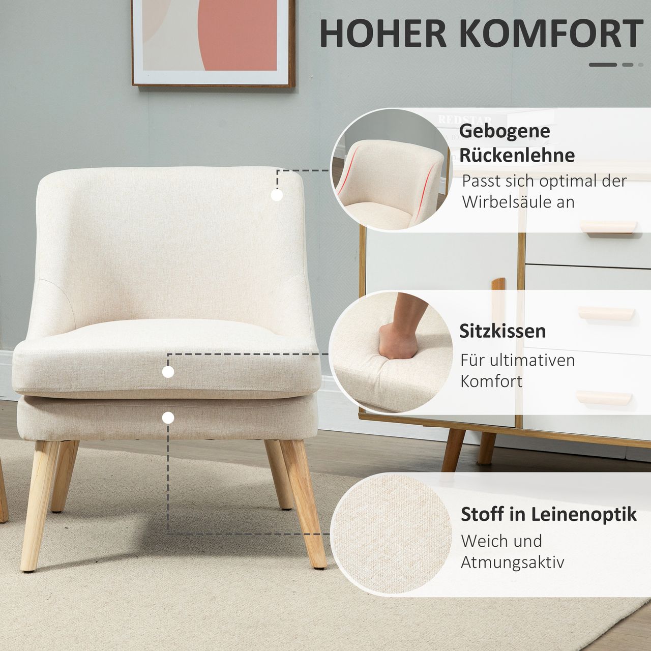 HOMCOM Esszimmerstuhl Polsterstuhl Küchenstuhl mit Armlehne Leinen-Touch Weiß