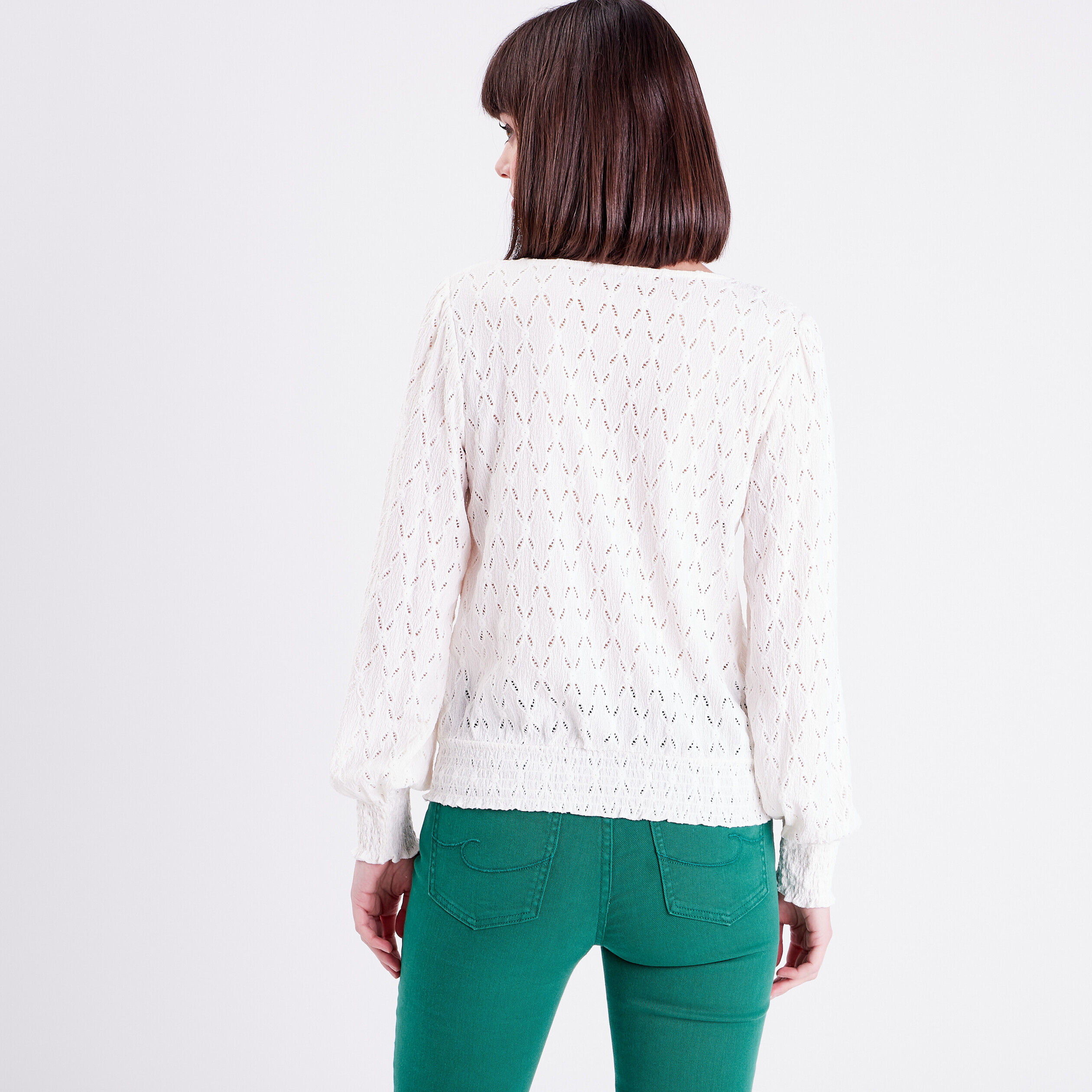 T-shirt manches longues ajouré ecru femme | Cache Cache
