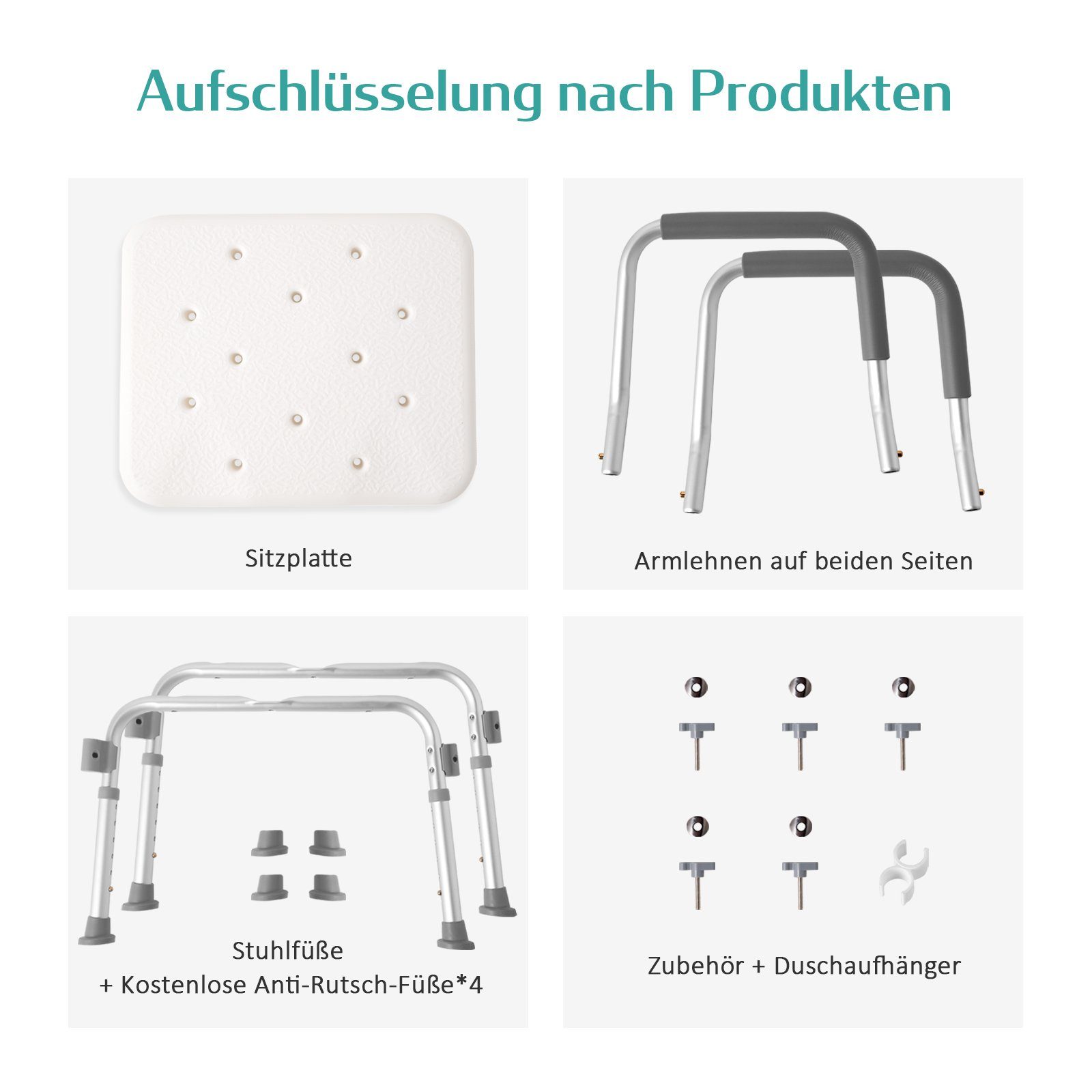 EMKE Duschhocker Badhocker mit Armlehnen Sitzfläche mit Sicherheitsgriffen, Höhenverstellbar Anti-Rutsch-Gummifüße Belastbar bis 136 kg