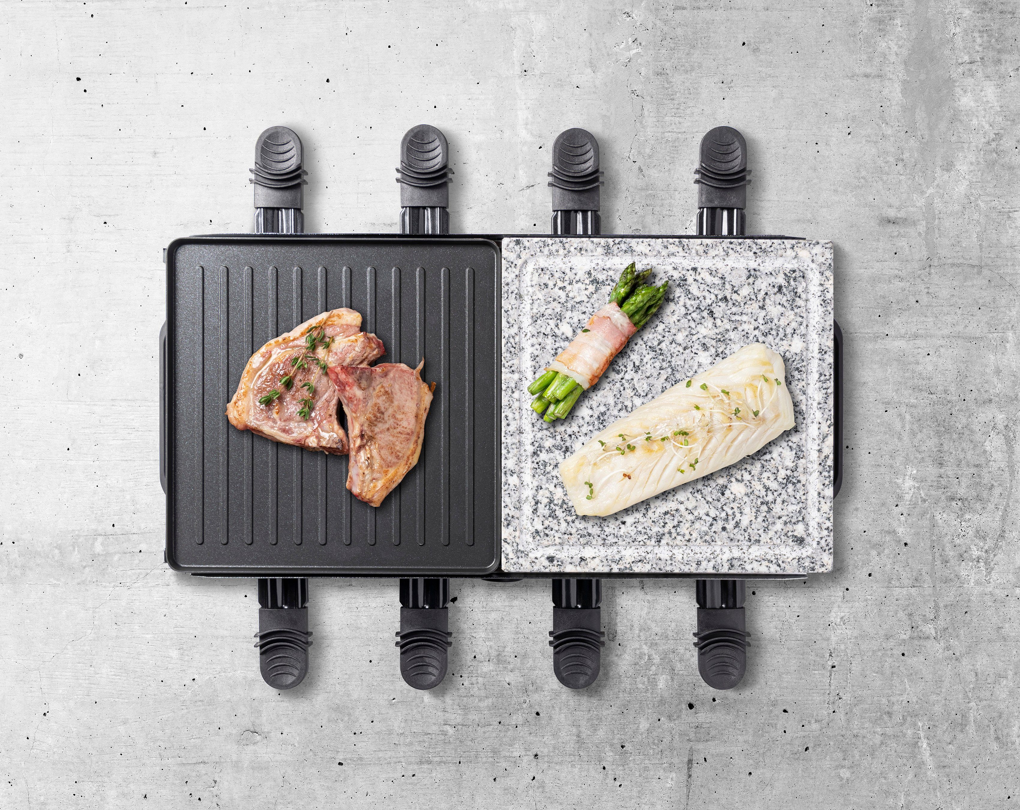 bestron Raclette ARG1200CO, 8 Raclettepfännchen, 1400 W, Naturstein & antihaftbeschichtete Grillplatte, 8 Pfännchen & 8 Schaber
