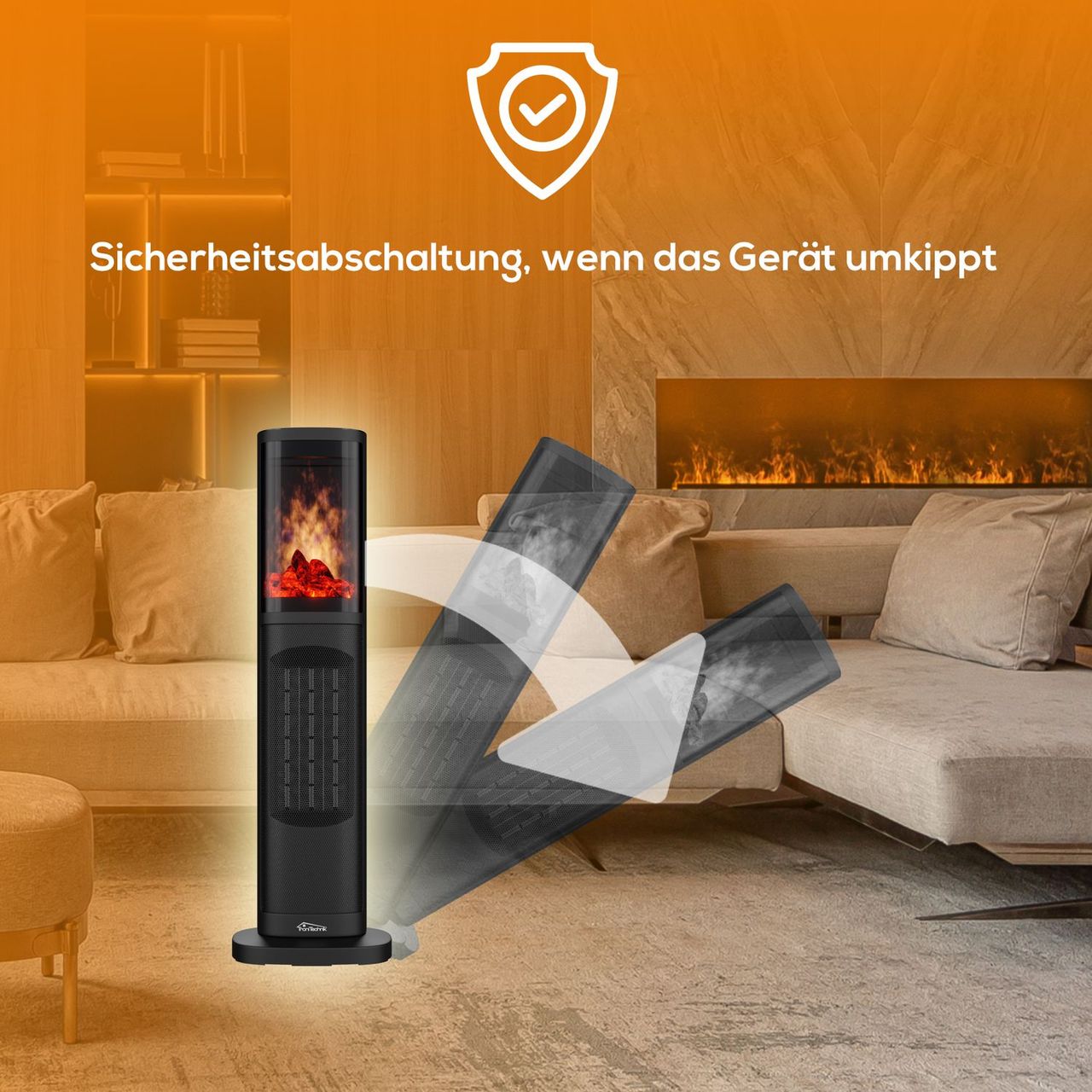 TroniTechnik Turmheizer mit Keramikelement,Heizgerät Flammeneffekt,2000 W, PTC Keramik, Schwarz