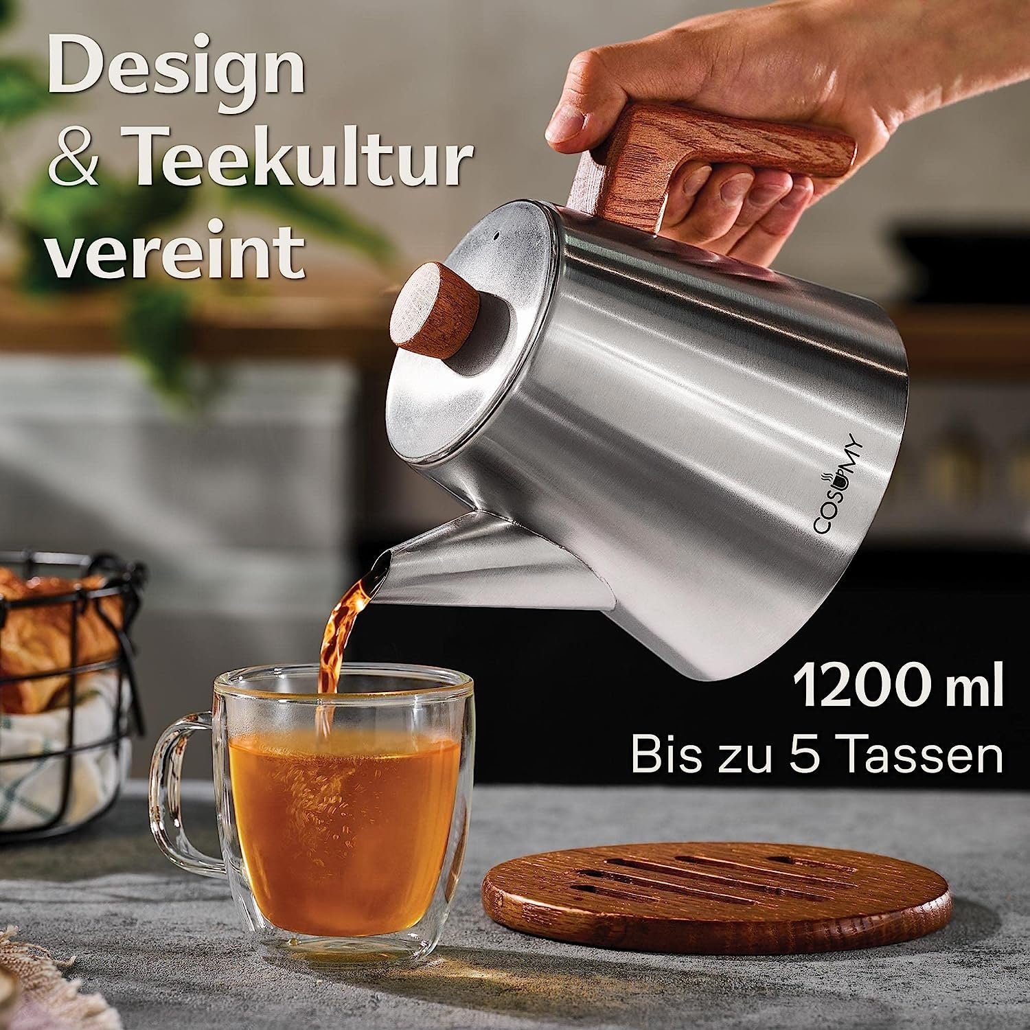 Cosumy Teekanne 1,2 L Mit Siebeinsatz und Untersetzer - Edelstahl & FSC Holz, 1,2 l, (Set), Kanne mit Sieb für Tee - Induktion - Tropffrei - Hält lange warm