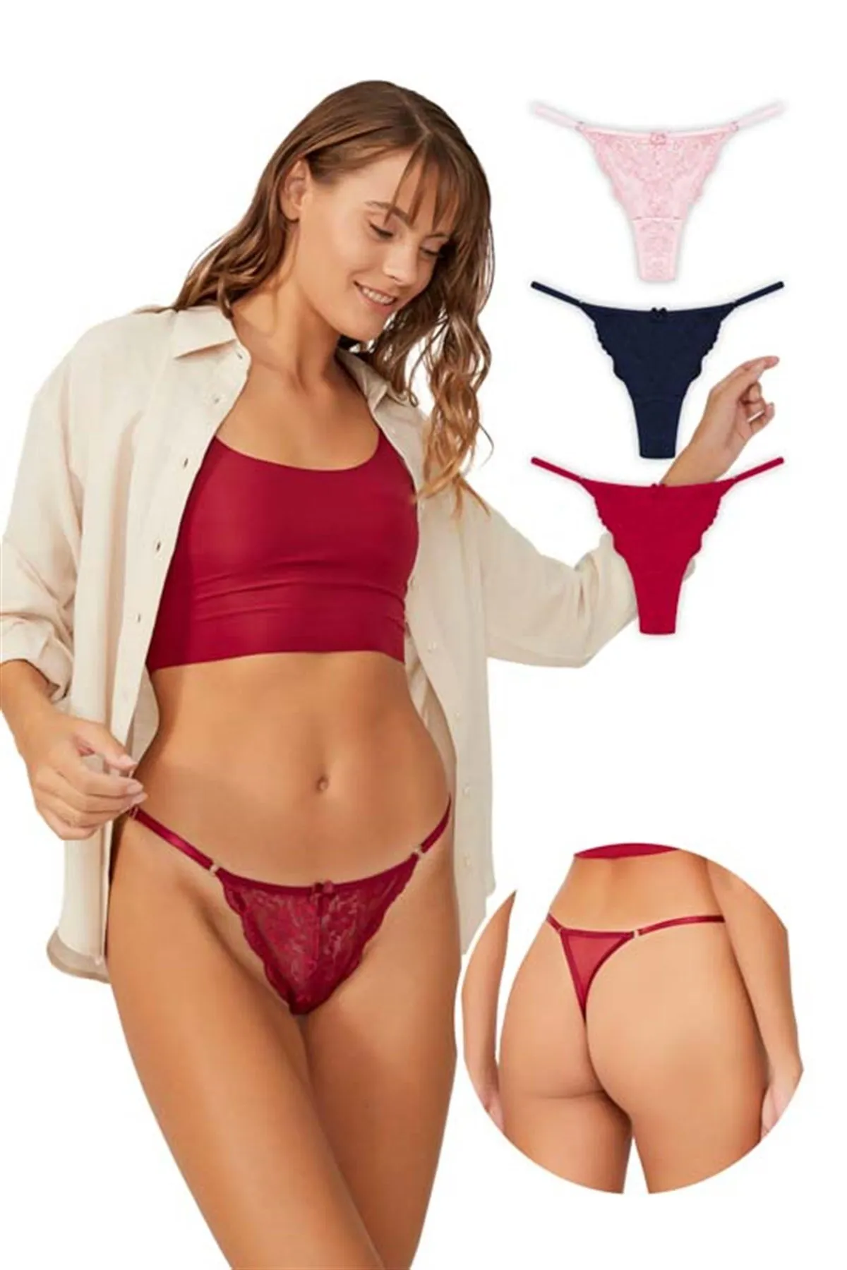 Cottonhill  Damen-Tangas mit Spitze vorne und detailliertem Tüll im 3er-Pack