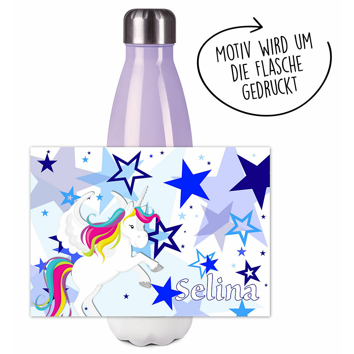 Edelstahl Kinder Thermoflasche / Trinkflasche bunt Pegasus Sterne Farbe blau Spülmaschinenfest, Auslaufsicher, Bruchfest, Doppelwandig, Für Heißgetränke geeignet, Mit Deckel, Isoliert
