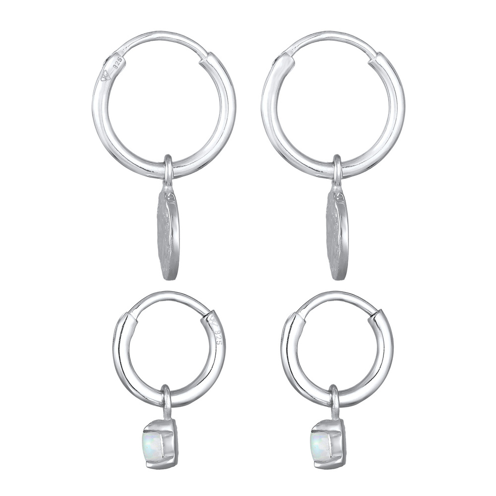 Elli Elli Boucles d'Oreilles Femmes créoles plaquettes set de 2 avec opale en argent s Boucles d'oreilles