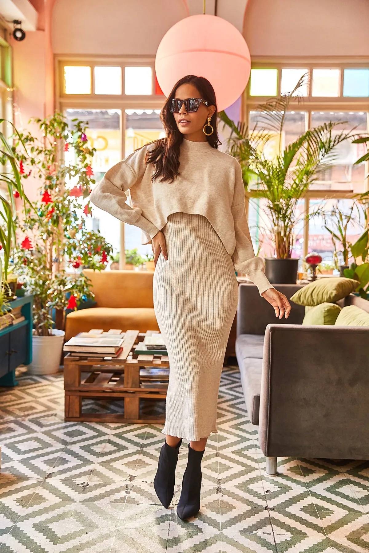 Olalook  Damen Strickwaren-Set mit Oberteil und kurzem Pullover sowie Trägerkleid in Steinoptik TKM-19000176