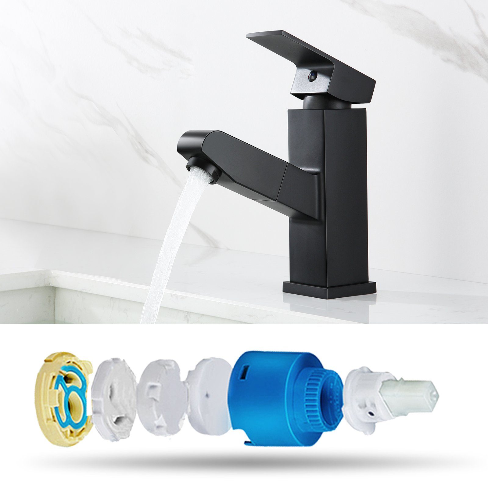 Auralum Waschtischarmatur Badarmatur Waschbecken Wasserhahn mit Ausziehbar Brause Schwarz
