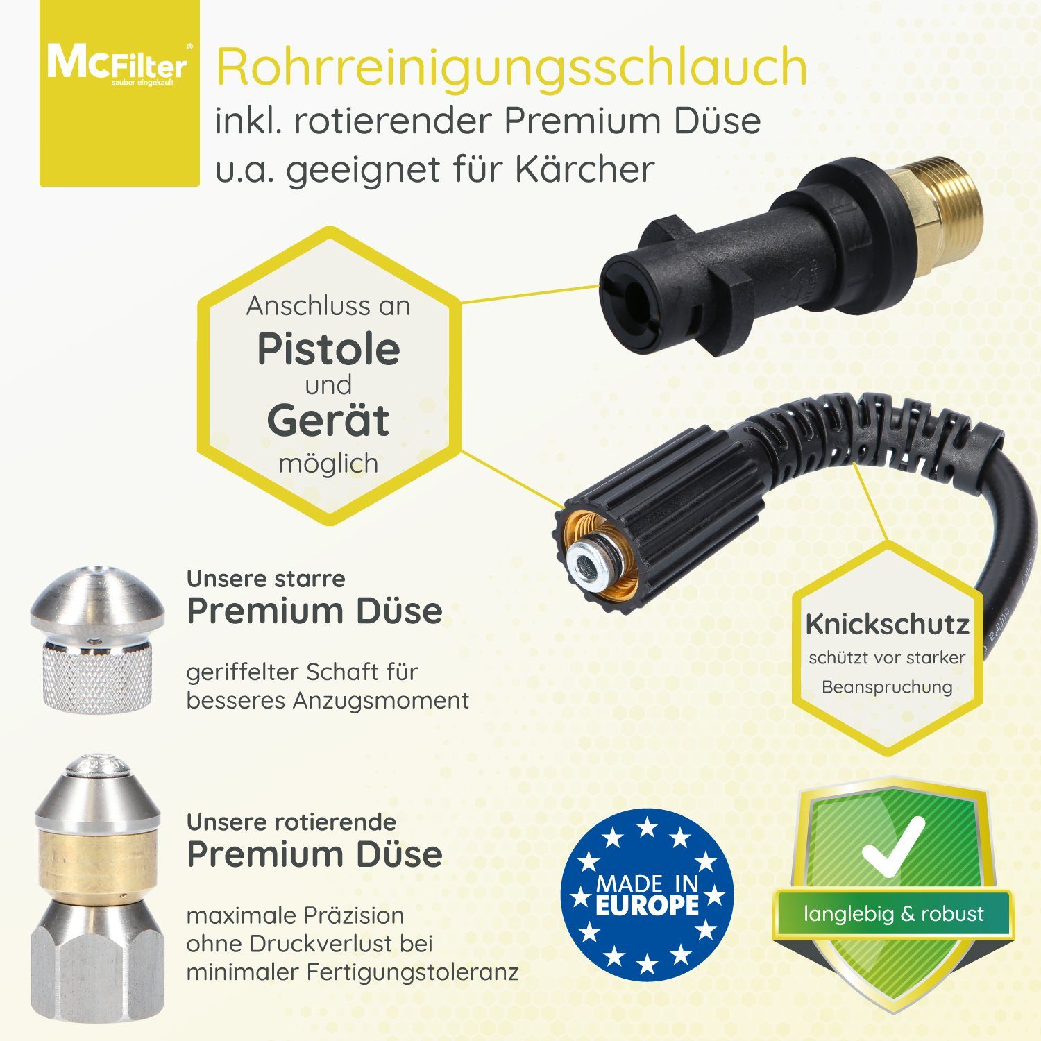 McFilter Hochdruckschlauch Rohrreinigungsschlauch, 10m, 160 bar, kompatibel mit Kärcher, K2, K3, K4, K5, K6, Hochdruckreiniger, inkl. Adapter, Düsen starr + rotierend