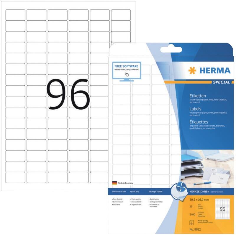 HERMA Inkjetetiketten 8832 Weiß DIN A4 30,5 x 16,9 mm 25 Blatt à 96 Etiketten