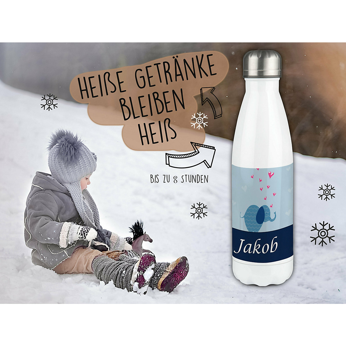 Edelstahl Kinder Thermoflasche / Trinkflasche bunt Elefant Farbe blau Spülmaschinenfest, Auslaufsicher, Bruchfest, Doppelwandig, Für Heißgetränke geeignet, Mit Deckel, Isoliert
