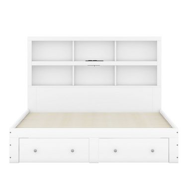 HAUSS SPLOE Holzbett Doppelbett Bettgestell Kinderbett Gästebett (Holzbett mit zwei Schubladen und Kopfteil mit Lagerregal), 160*200cm, Weiß