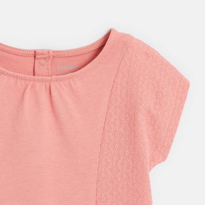 Blouse brodée bi-matière rose bébé fille