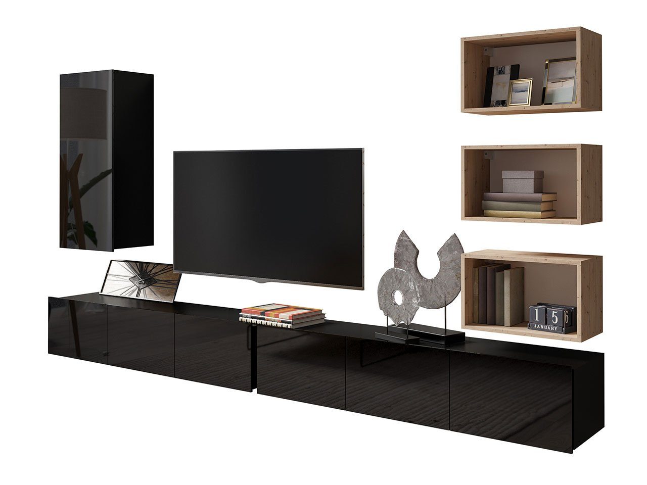 Mirjan24 Wohnwand Calabrini XXXVI, (6er-Set, 2x TV-Lowboard, Hängeschrank, 3x Wandregal), ohne Griffe