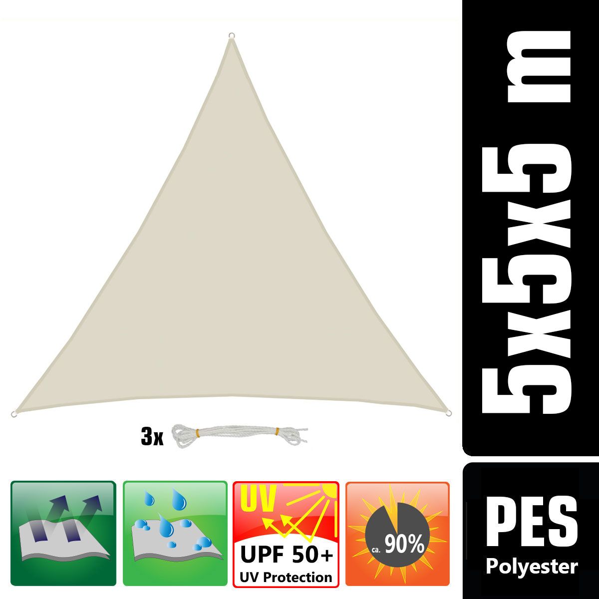 AMANKA 5x5x5 Wasserdichtes Beige Sonnensegel mit Befestigung