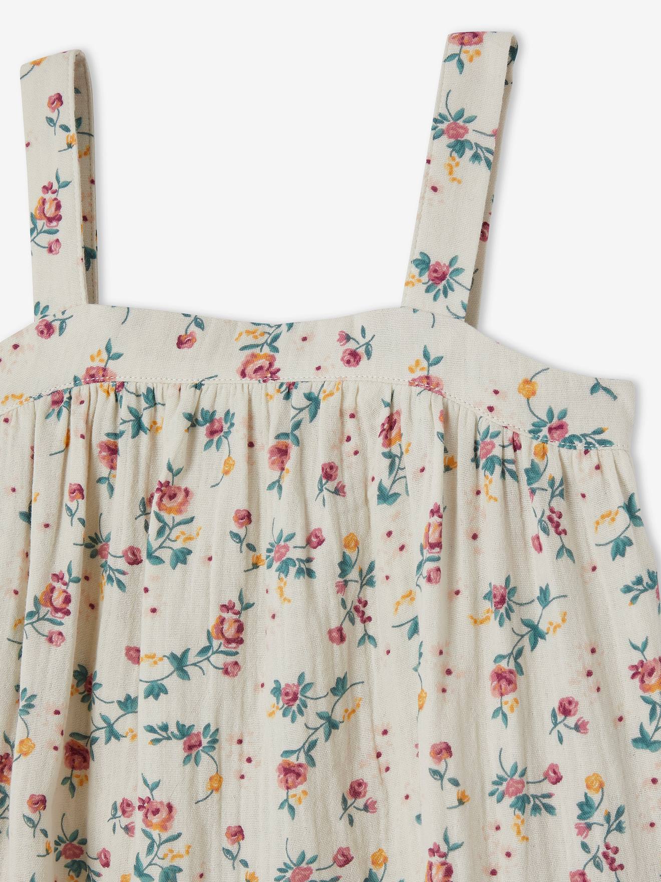 Robe longue en gaze de coton fille ivoire imprimé