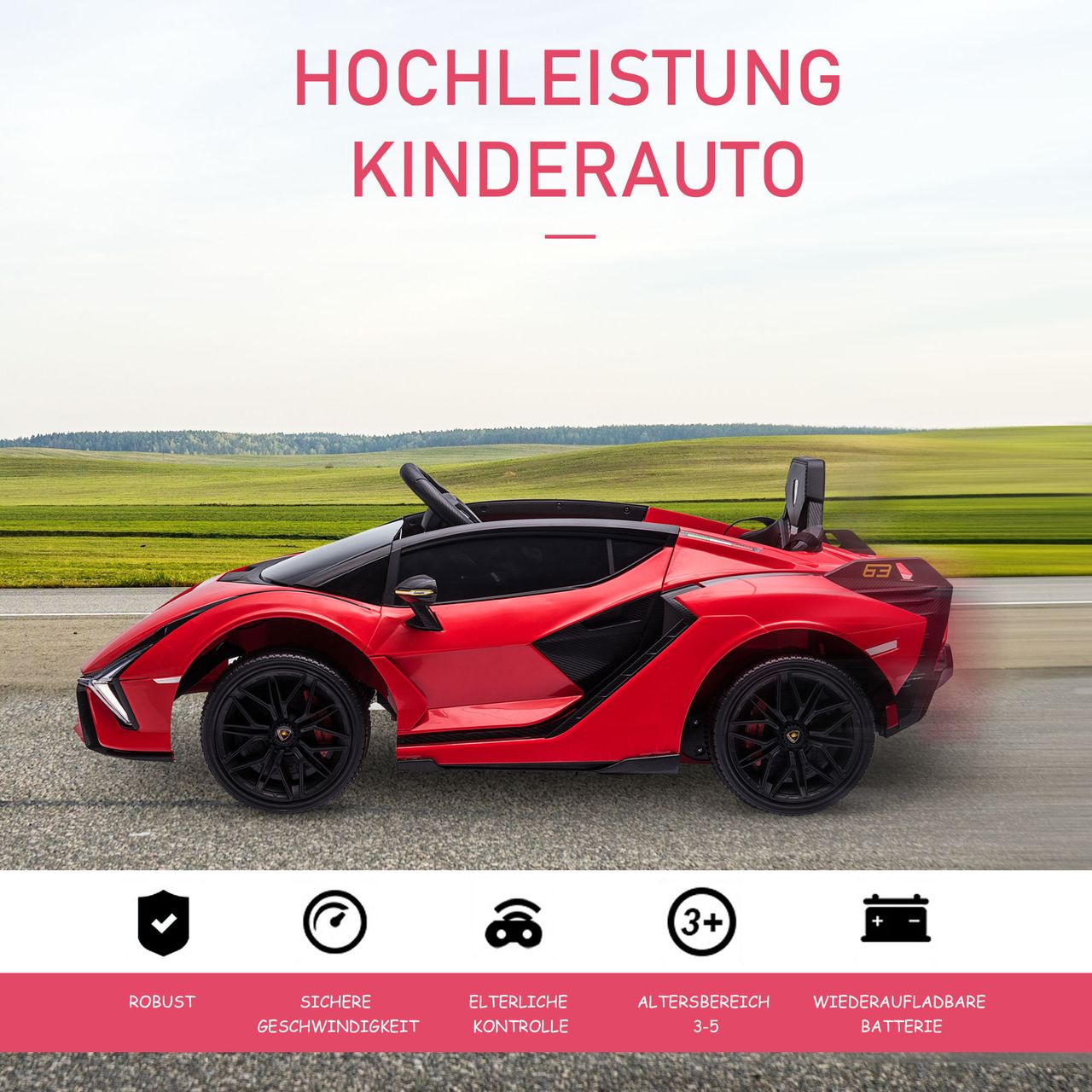 HOMCOM Kinderfahrzeug 2 Fahrmodi SIAN SUV-Auto-Spielzeug Elektroauto mit Fernbedienung extra breiten Reifen Musik(MP3/USB) Licht 3–5 Jahre PP Metall Rot 108 x 62 x 40 cm