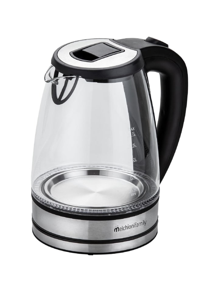 Melchioni Family 2200 W Glas-Wasserkocher 1,7 Lt. mit Trockenlaufschutz mit LED-Licht in Schwarz günstig kaufen 16 x 22 cm