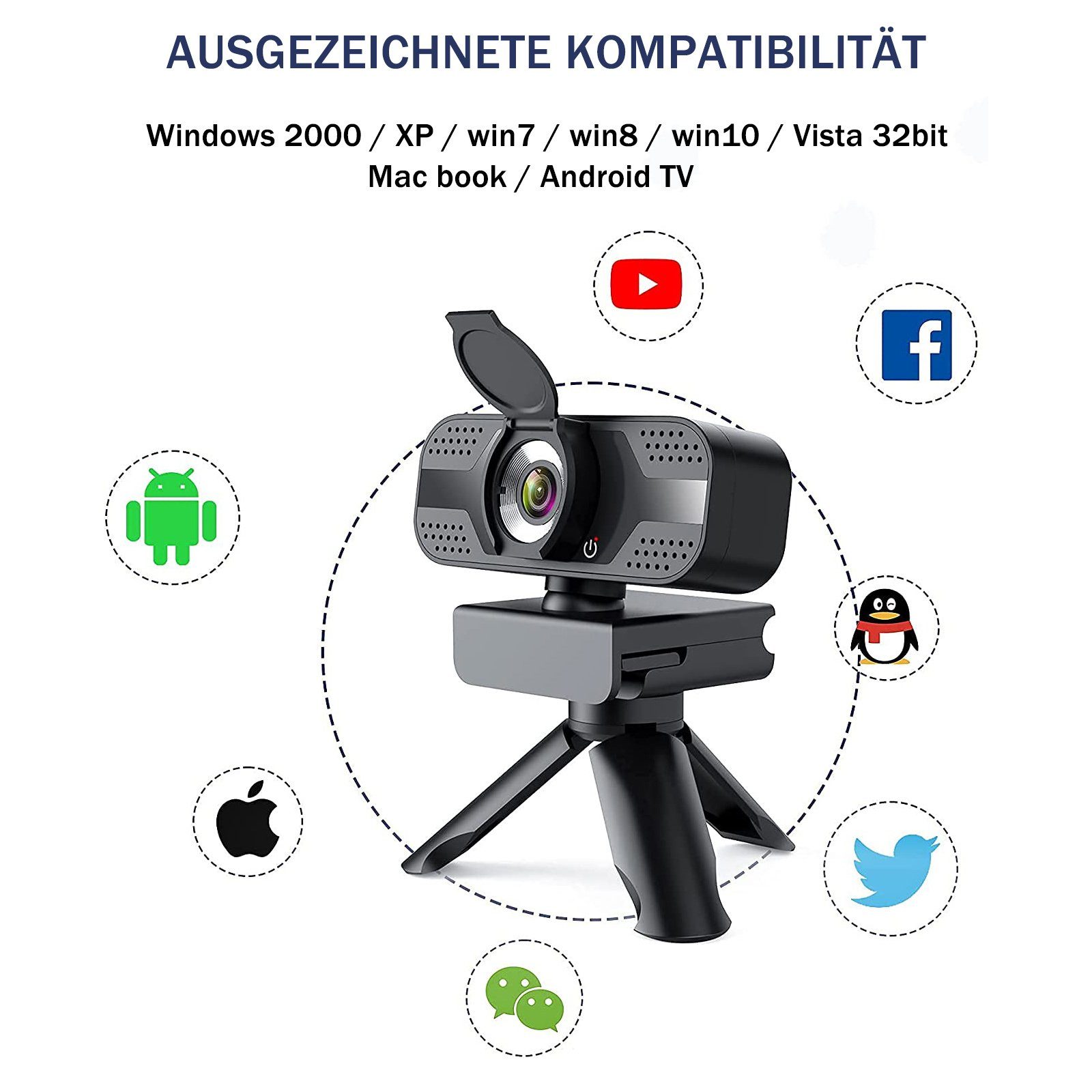 Vbrisi Webcam mit mikrofon 1080P Full HD, USB Webcam mit Stativ Full HD-Webcam