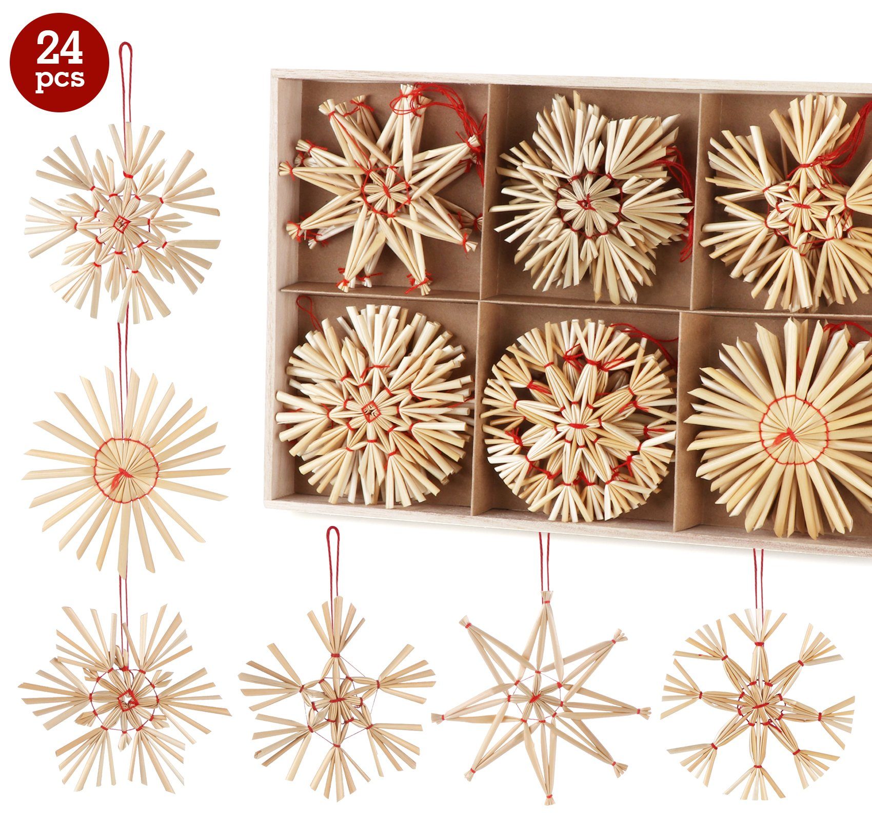 Homewit Christbaumschmuck Strohstern Set Christbaum Schmuck Stroh-Anhänger für Weihnachtsbaum (24-tlg), Weihnachtsdekoration - Ø 8cm mit Einer Schönen Holzkiste