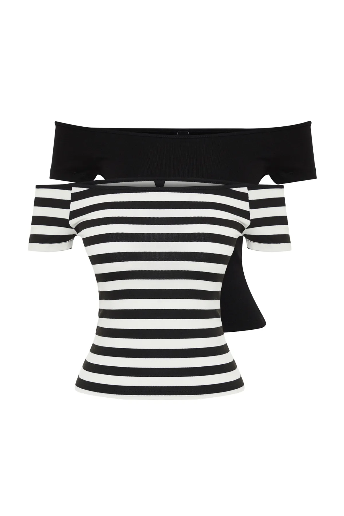 Trendyol Collection  2er-Pack schwarz-weiß gestreift-schwarze, schlichte, kurze, dehnbare Strickbluse mit Carmenkragen TWOSS24BZ00310