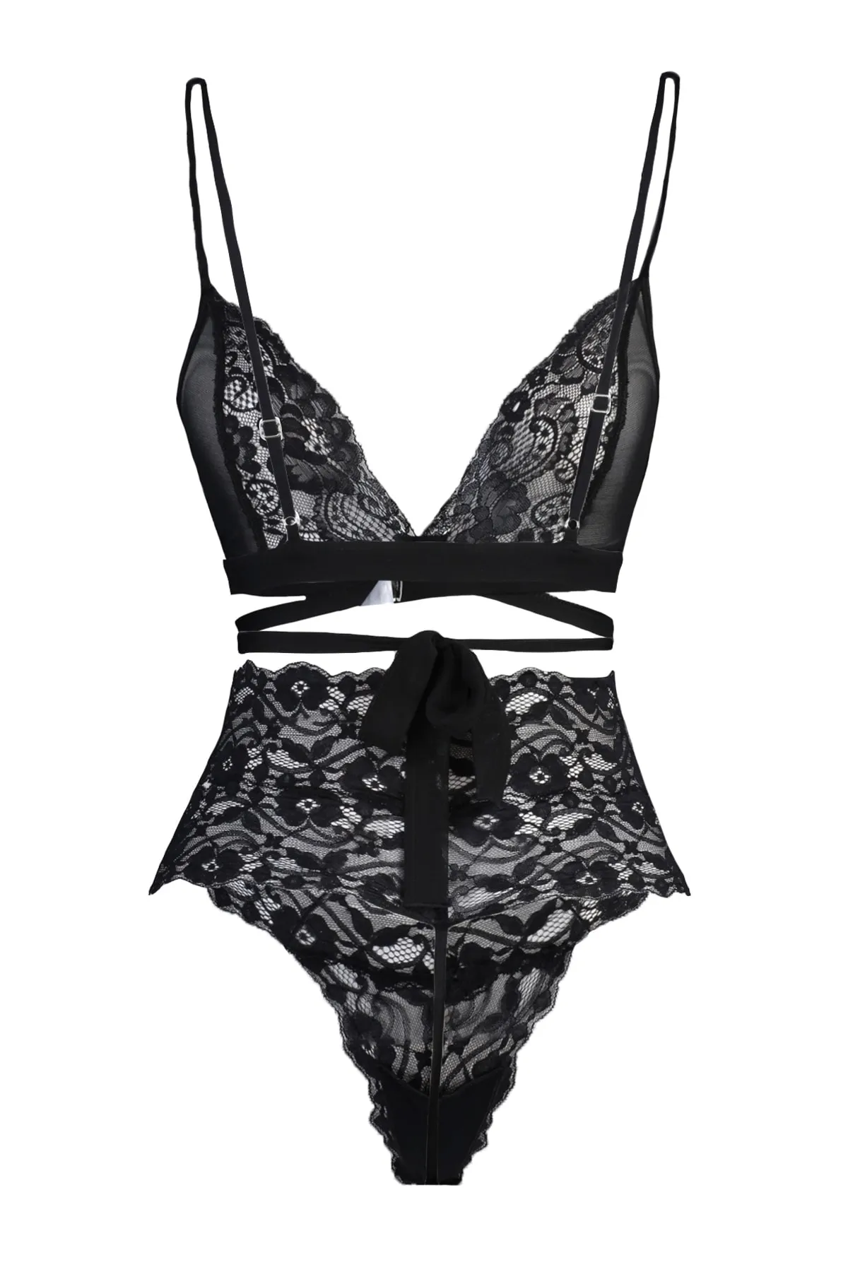 Trendyol Collection  Schwarzes, gestricktes Unterwäsche-Set mit Schnürung und Spitzenbesatz THMAW22AU0202
