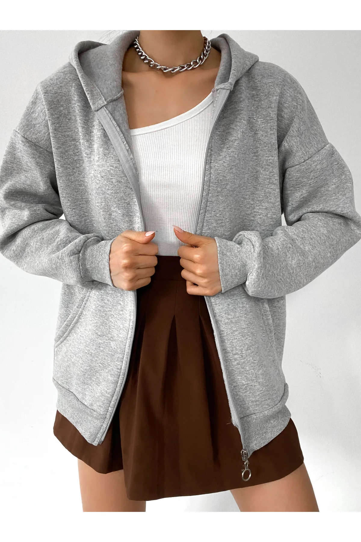 BEJNA  Grauer Oversize-Sweat-Cardigan mit Reißverschluss für Damen