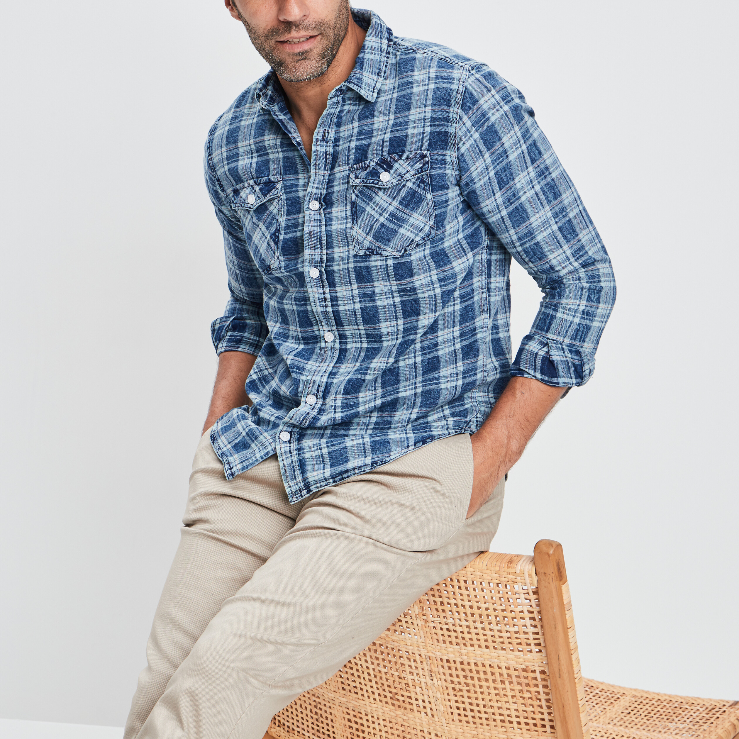 Chemise à carreaux manches longues bleu marine homme | La Halle