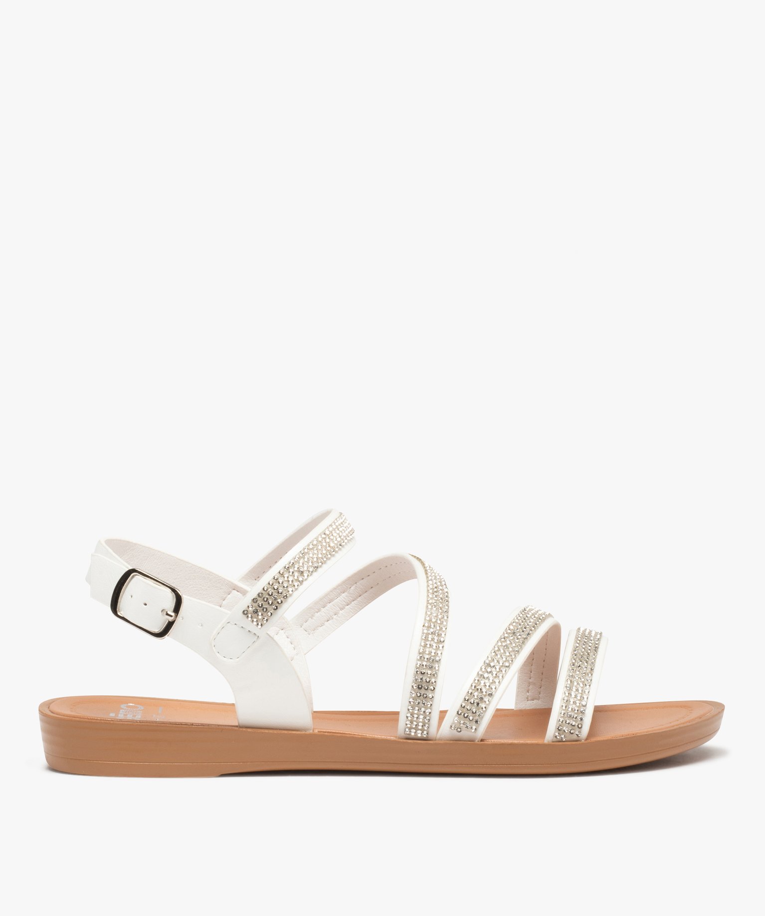 Sandales femme plates à brides strass unies blanc | GEMO
