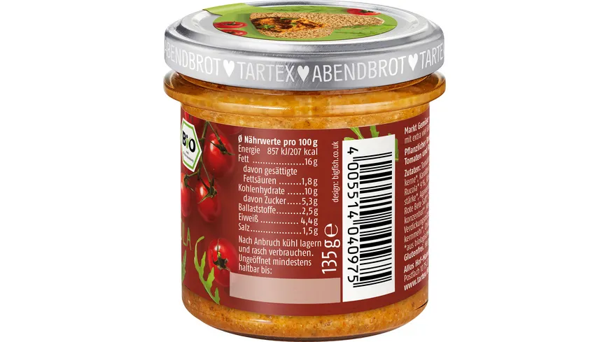 Tartex Marktgemüse Bio Kirschtomate Rucola 135 g