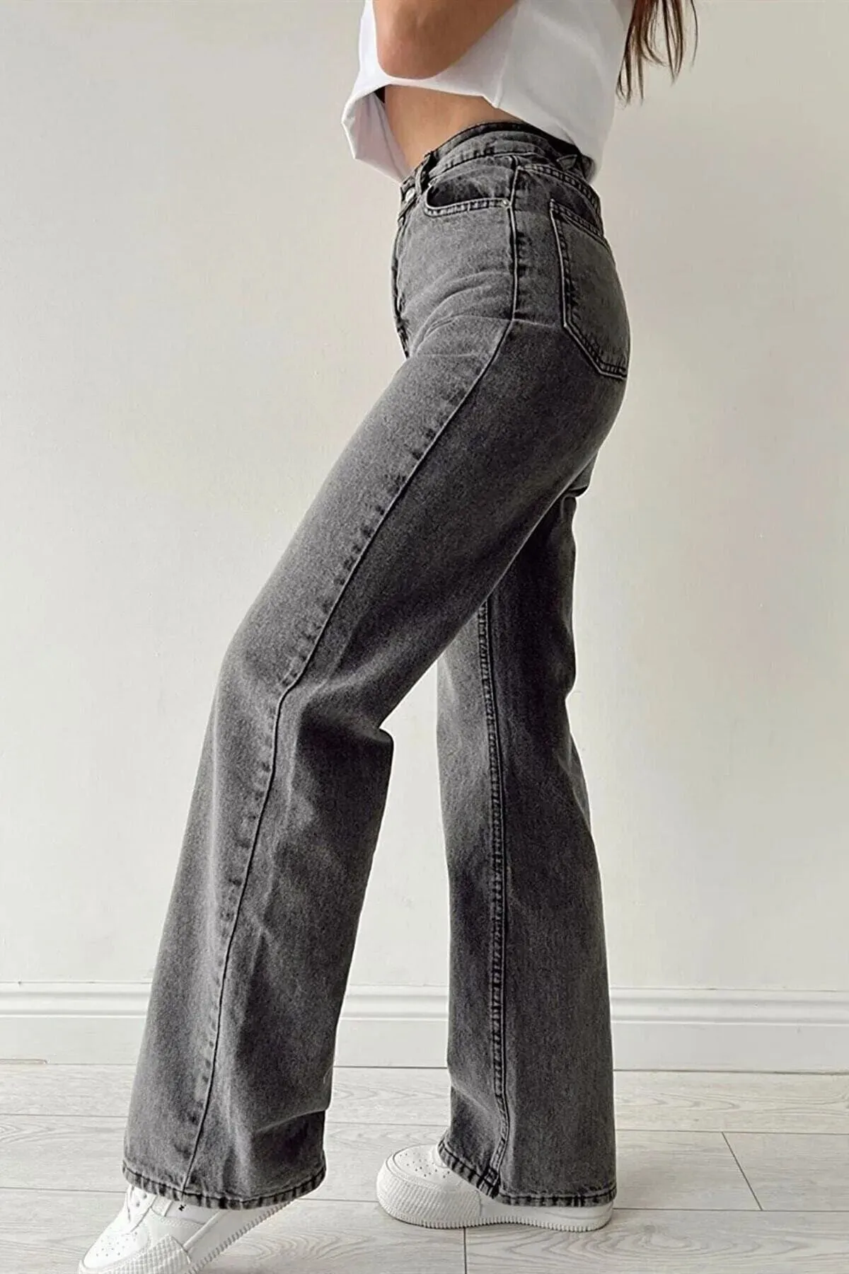 TRENDNATUREL  Penelope Anthrazitfarbene, schneegewaschene Lycra-Palazzo-Jeans mit extra hoher Taille und weitem Bein