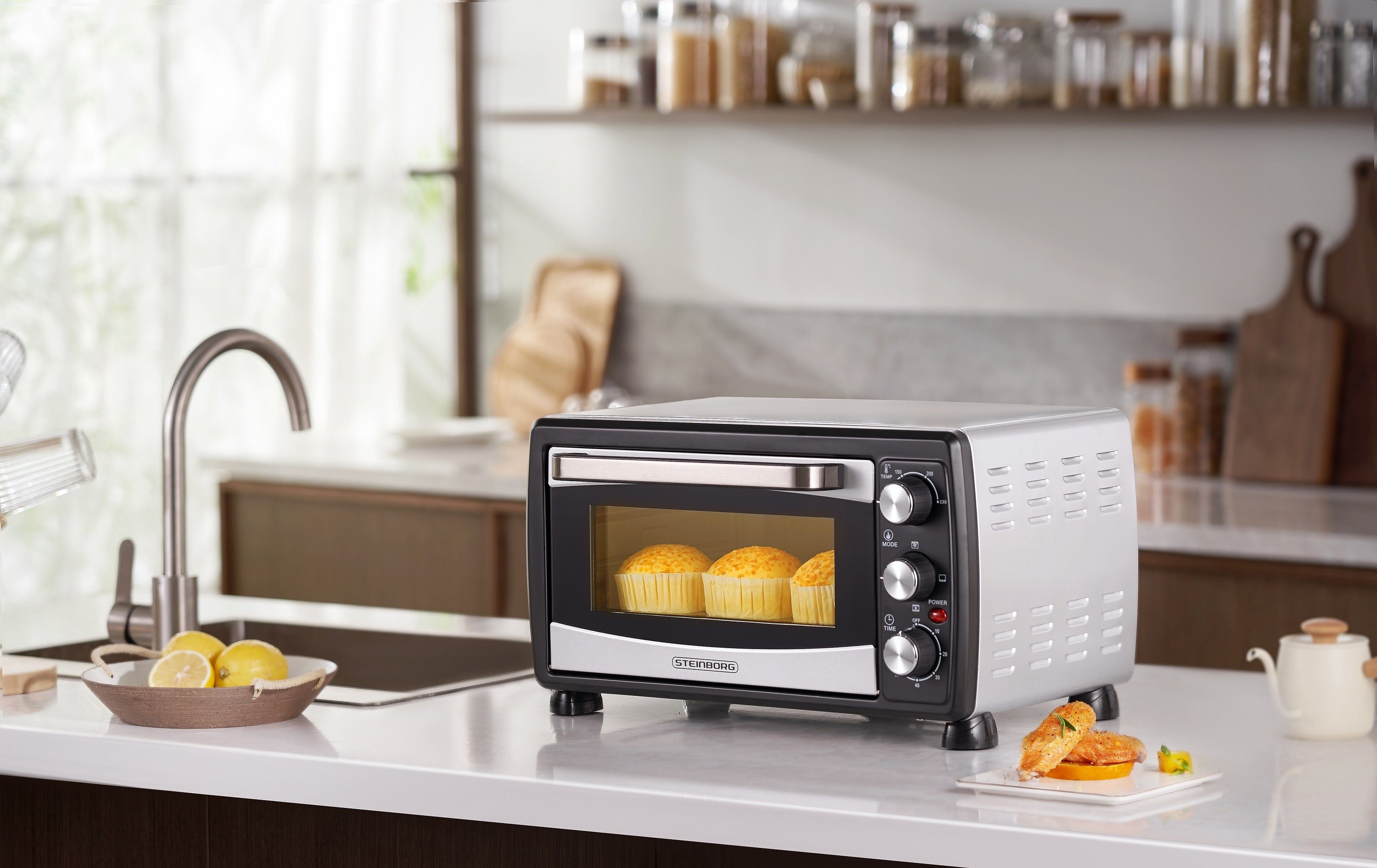 STEINBORG Minibackofen SB-3007, 20 Liter, Umluft, mit Krümelblech, 1380 Watt