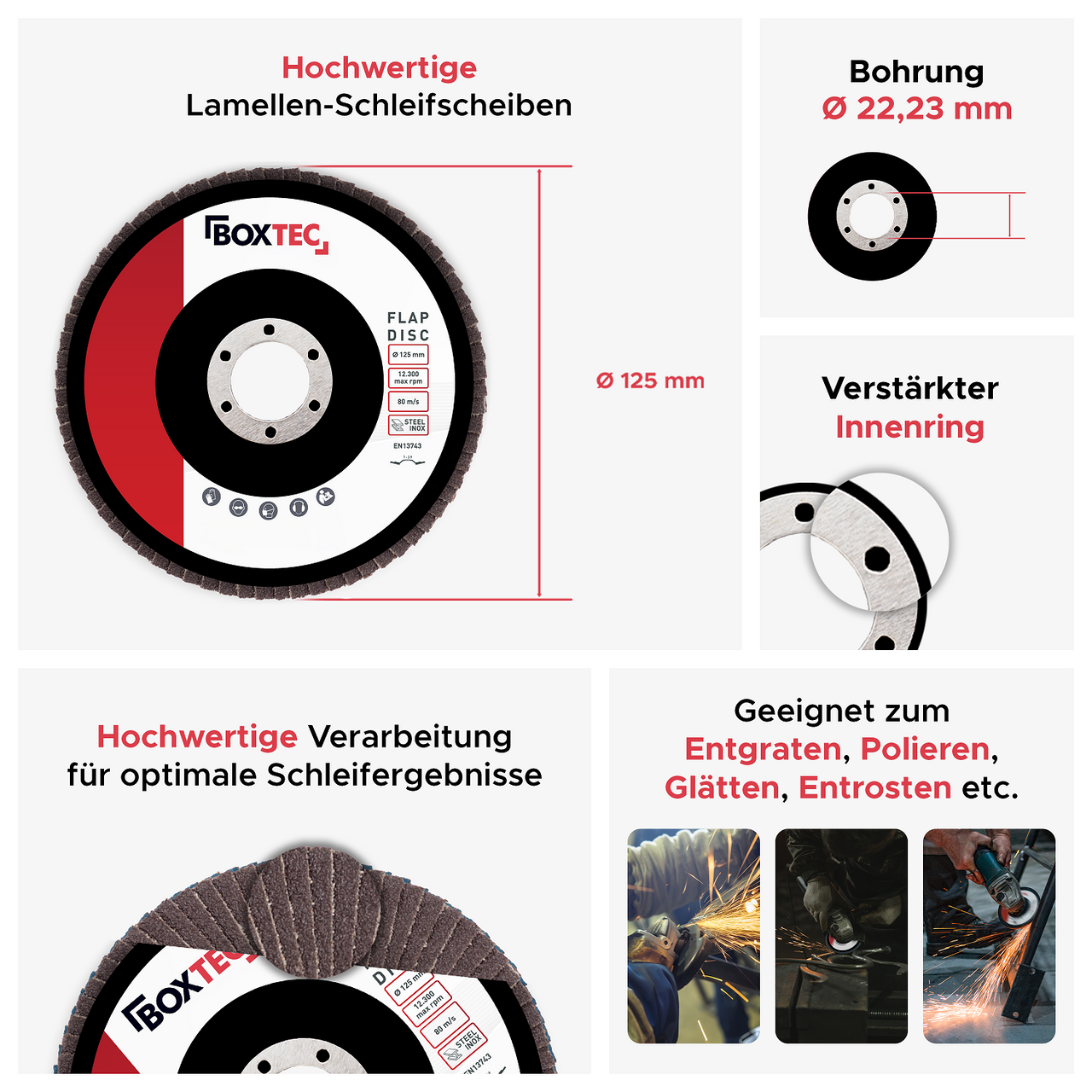 BOXTEC Fächerscheiben BRAUN 125mm Lamellenscheiben Schleifscheiben für Metall & Holz 20er Pack MIX-Set