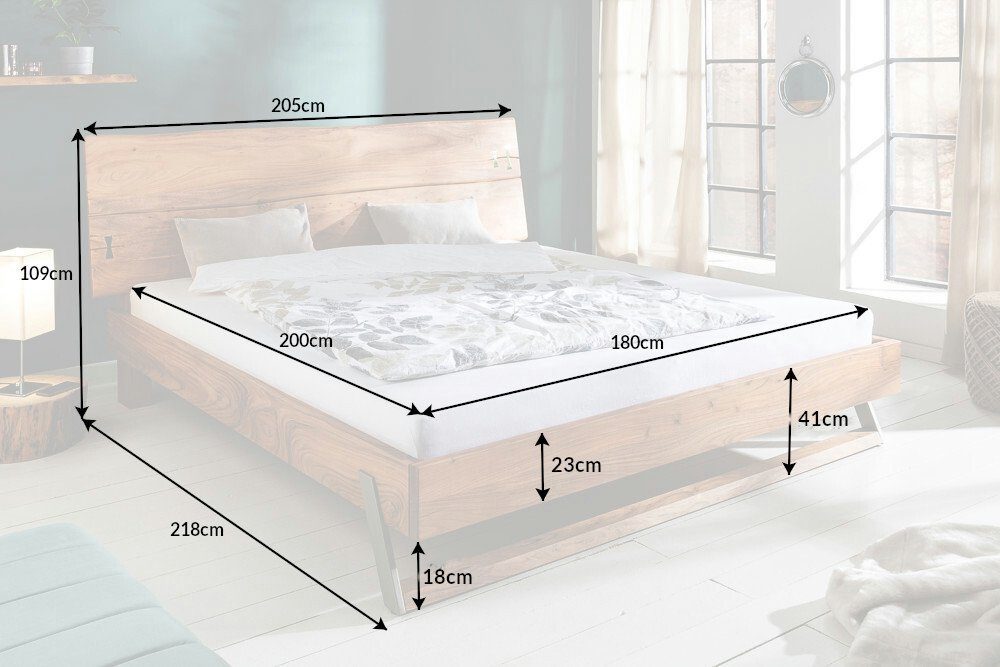 riess-ambiente Massivholzbett AMAZONAS 180x200cm natur / silber (Einzelartikel, 1-tlg), Akazie · Baumkante · Doppelbett · Kingsize · Edelstahl · Handmade