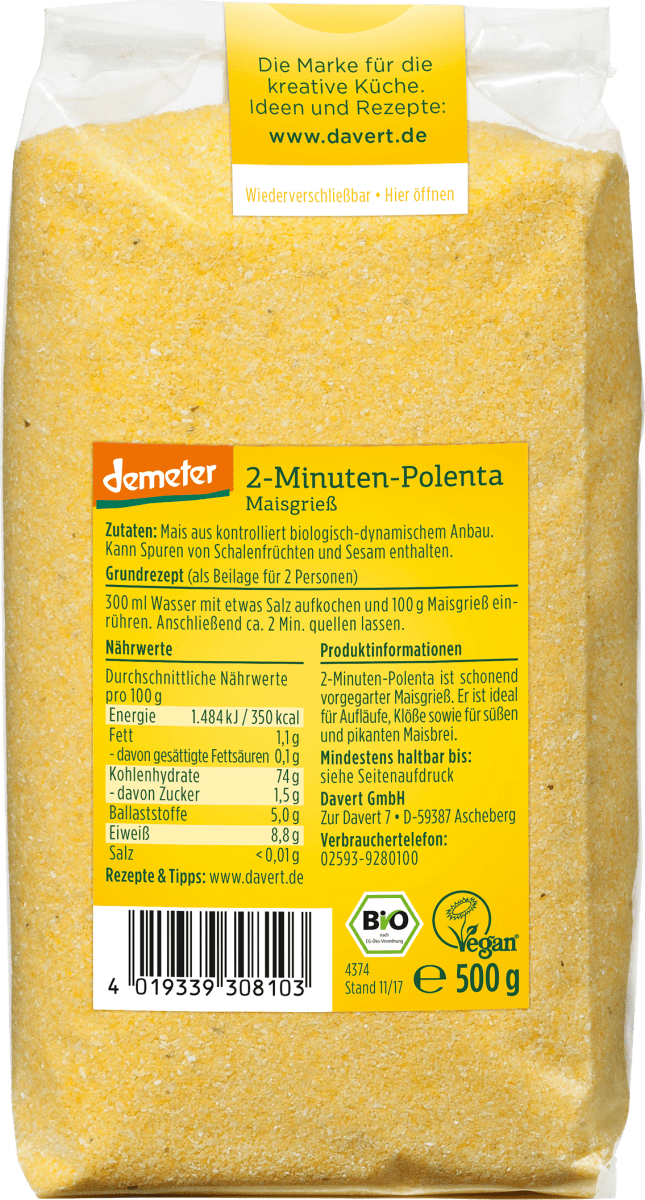 Grieß, 2- Minuten-Polenta, glutenfrei, 500 g