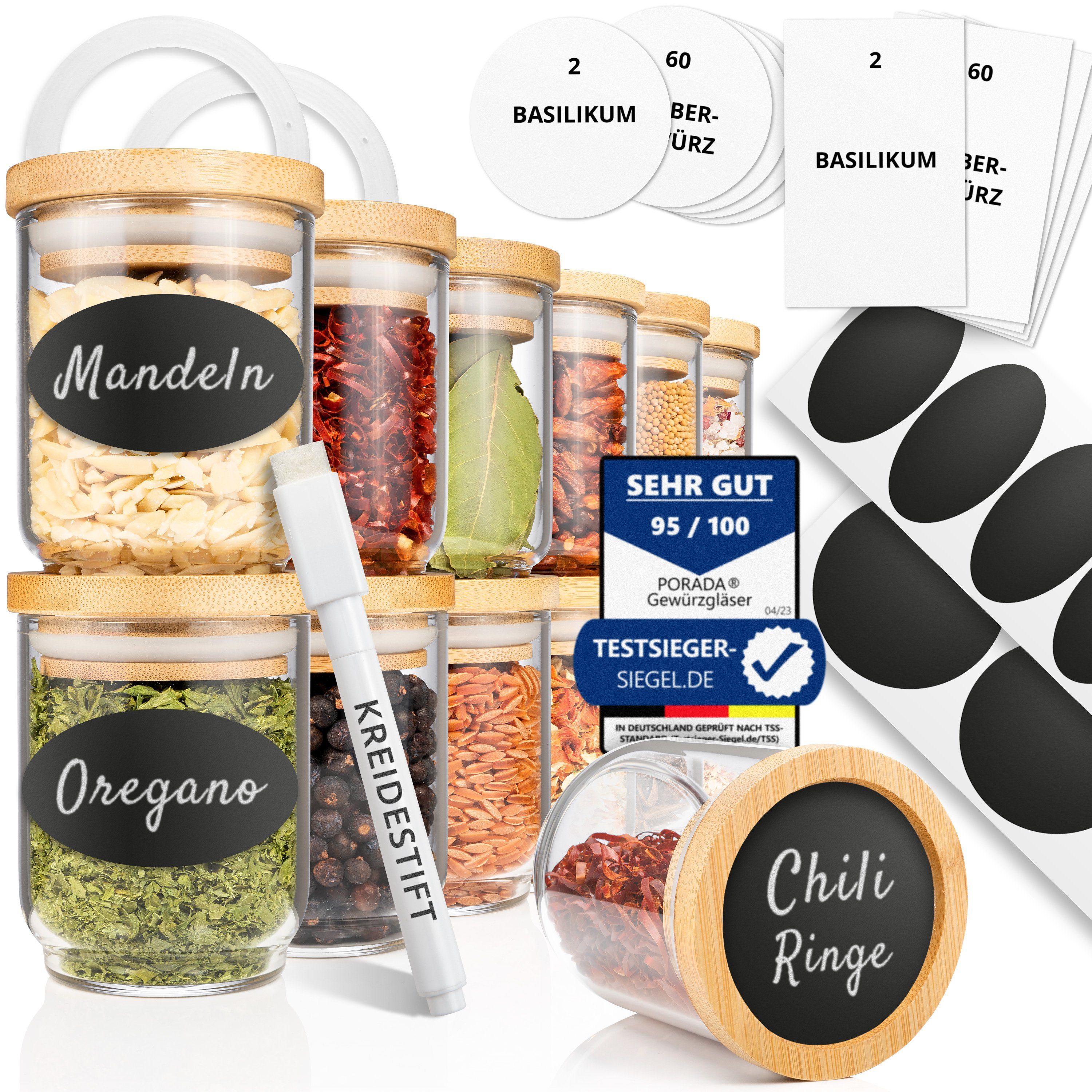 PORADA Gewürzbehälter Set 150ml stapelbare Gewürzgläser Glasbehälter Bambus Deckel, (Set, 12-tlg., Set), Handarbeit, platzsparend, stapelbar, Bambusdeckel