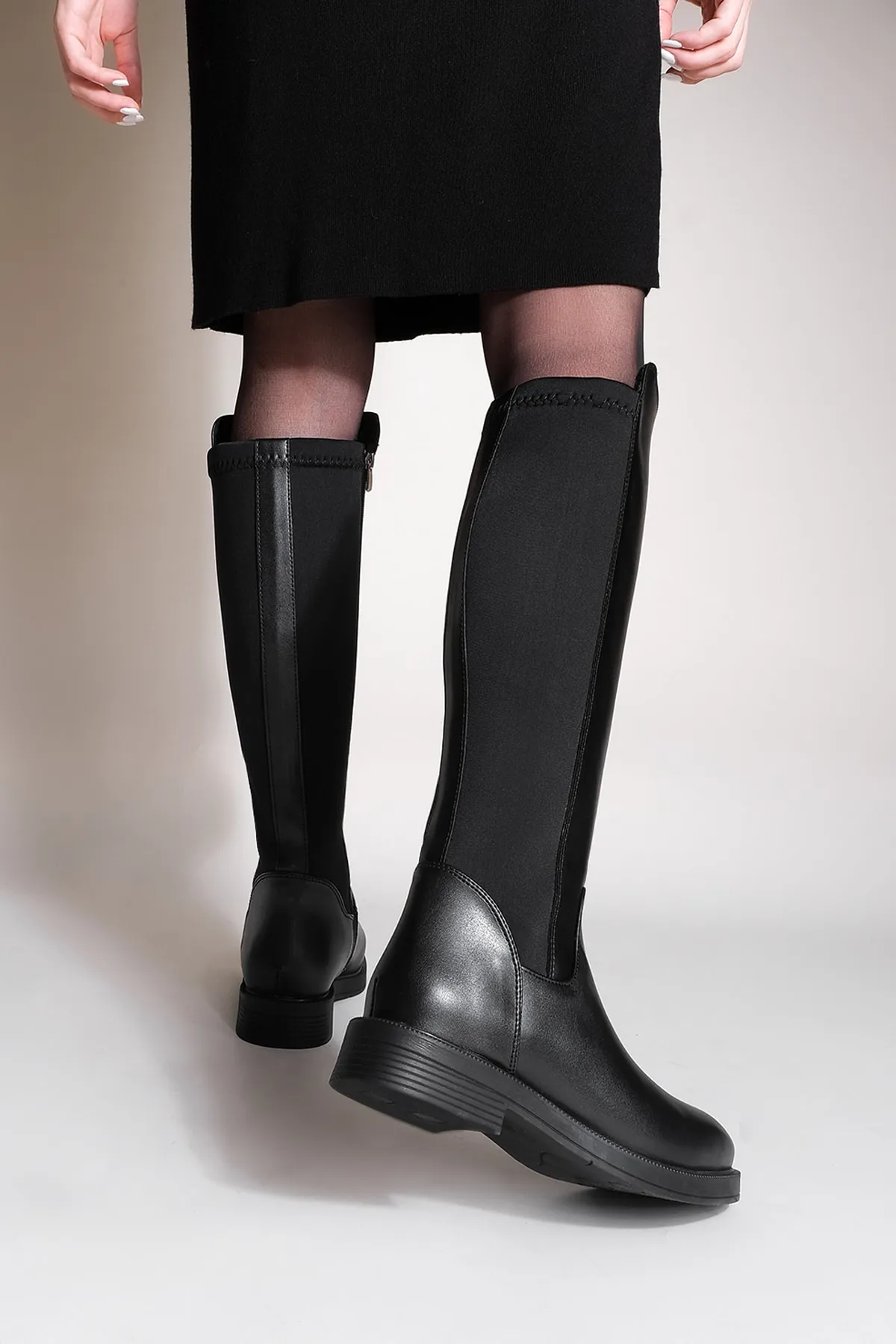 Marjin  Damen Alltagsstiefel Elastisch Stretch Kniehoch Enpar Schwarz