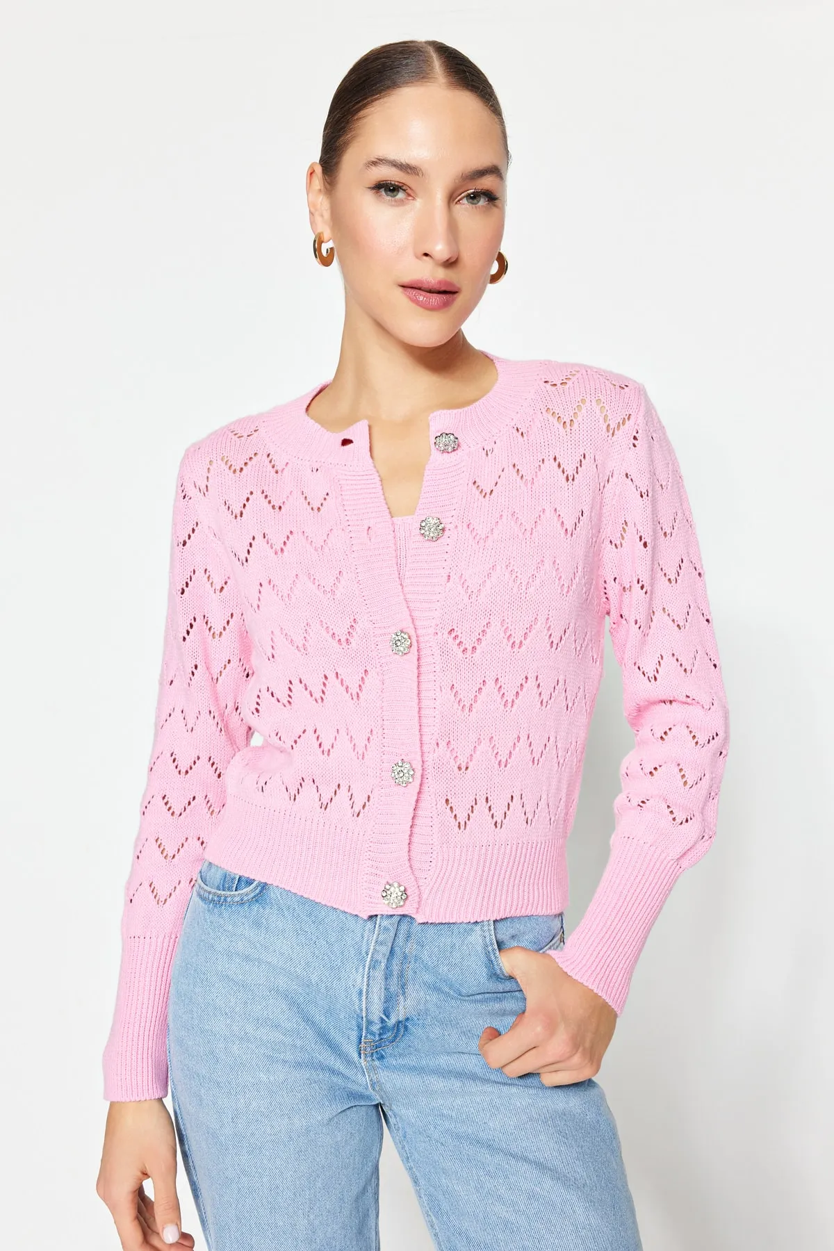 Trendyol Collection  Rosa Blusen-Cardigan-Set mit Knopfdetail, durchbrochen/Lochmuster TWOSS23HI00000