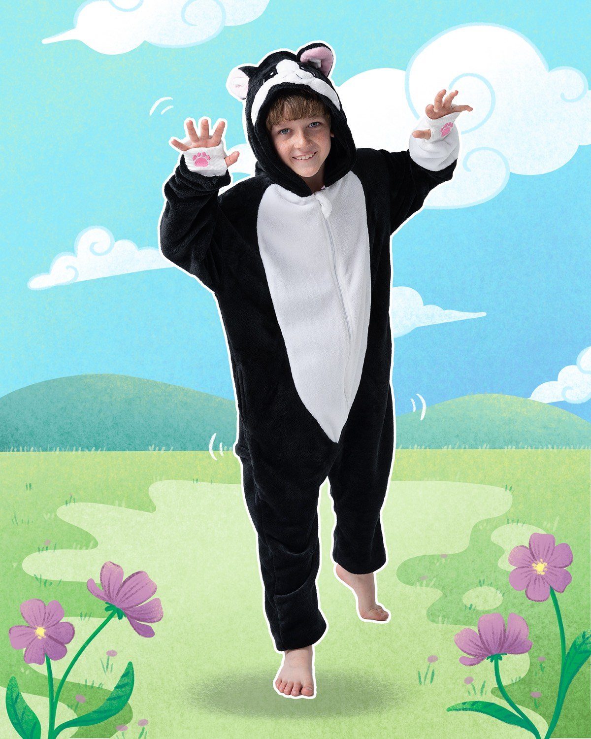 Corimori Jumpsuit Flauschiges Katzen-Kostüm für Kinder (2-tlg) mit Haarreif, Jungen, Mädchen, Verkleidung, schwarz-weiß, Fasching